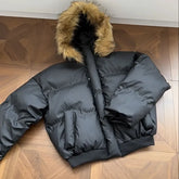 Threebooy Y2K New Fashion Retro Hip-hop Solid Color Fur Collar Thickened Cotton-padded Jacket Men High Street Popular Harajuku Wild Jacket